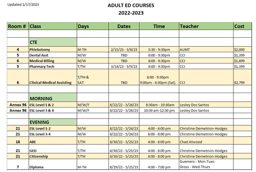Adult Ed Courses 2022-2023